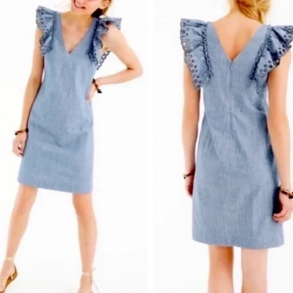 NWT J Crew V-neck Embroidered Eyelet Chambray Denim Shift Sheath Dress 0 Cotton